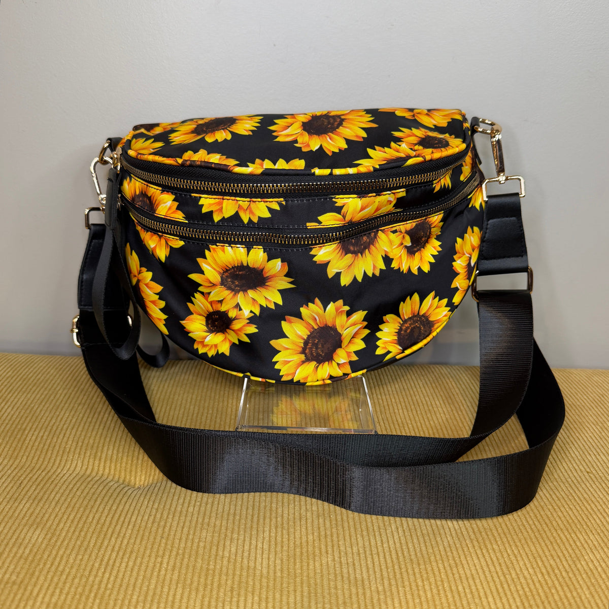 The Roni Nylon Crossbody - Floral Yellow Sunflower on Black