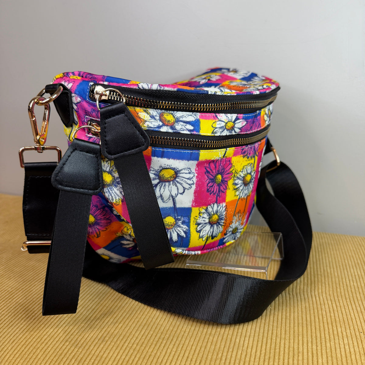 The Roni Nylon Crossbody - Colorful Checkered Daisy Floral